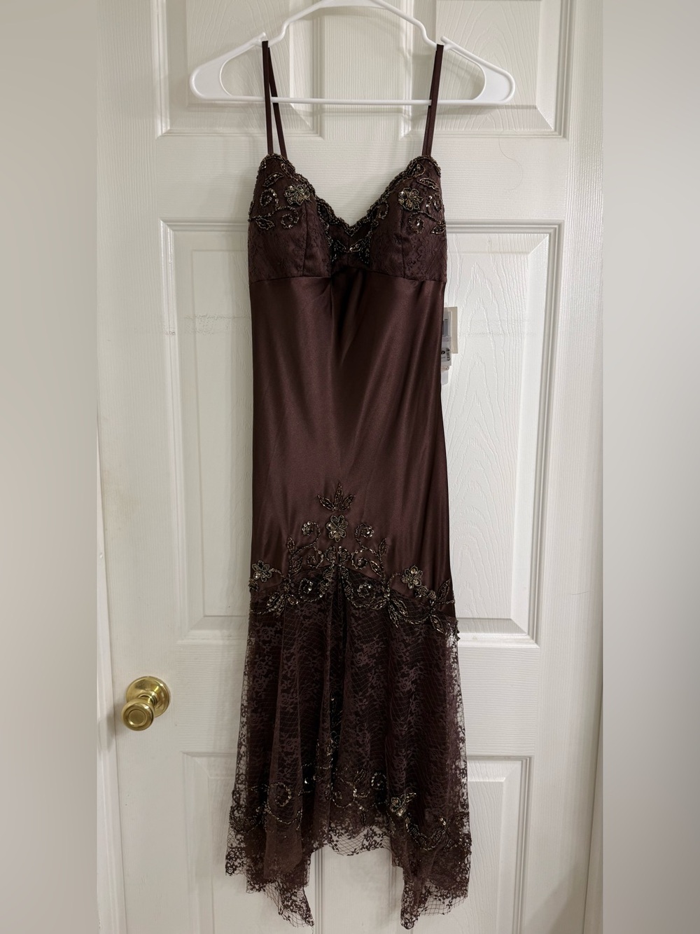Vintage Y2K Xscape Brown Beaded Lace Handkerchief Midi Dress Size 6